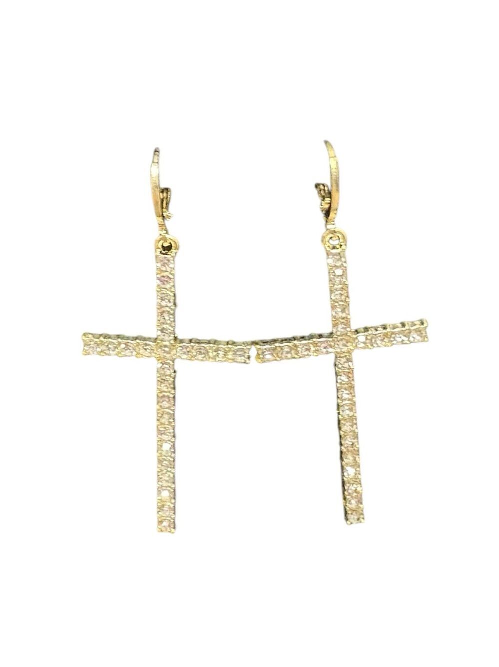 New cross earrings yellow gold cubic zirconia cz 2 inch religious jewelry NWOT - Picture 3 of 11